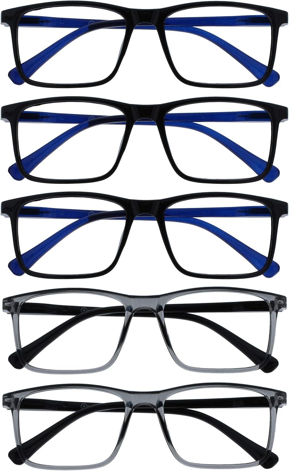 OPULIZE INK Reading Glasses - Value 5 Pack - Large Rectangular Frame - Spring Hinges - Scratch Resistant - Black Grey - Mens Womens +1.50