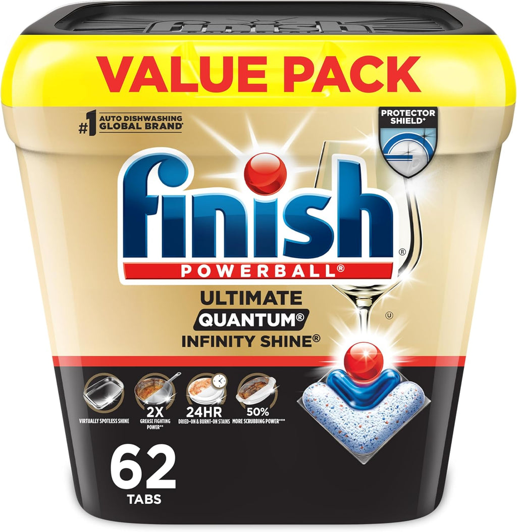 Finish Ultimate Quantum Infinity Shine Dishwasher Pods, New & Improved Formula, Dishwasher Detergent Dish Soap, Removes Burnt-On & Dried-On Stain, Degreasing, Scrubbing, & Shining Power, 62 Count