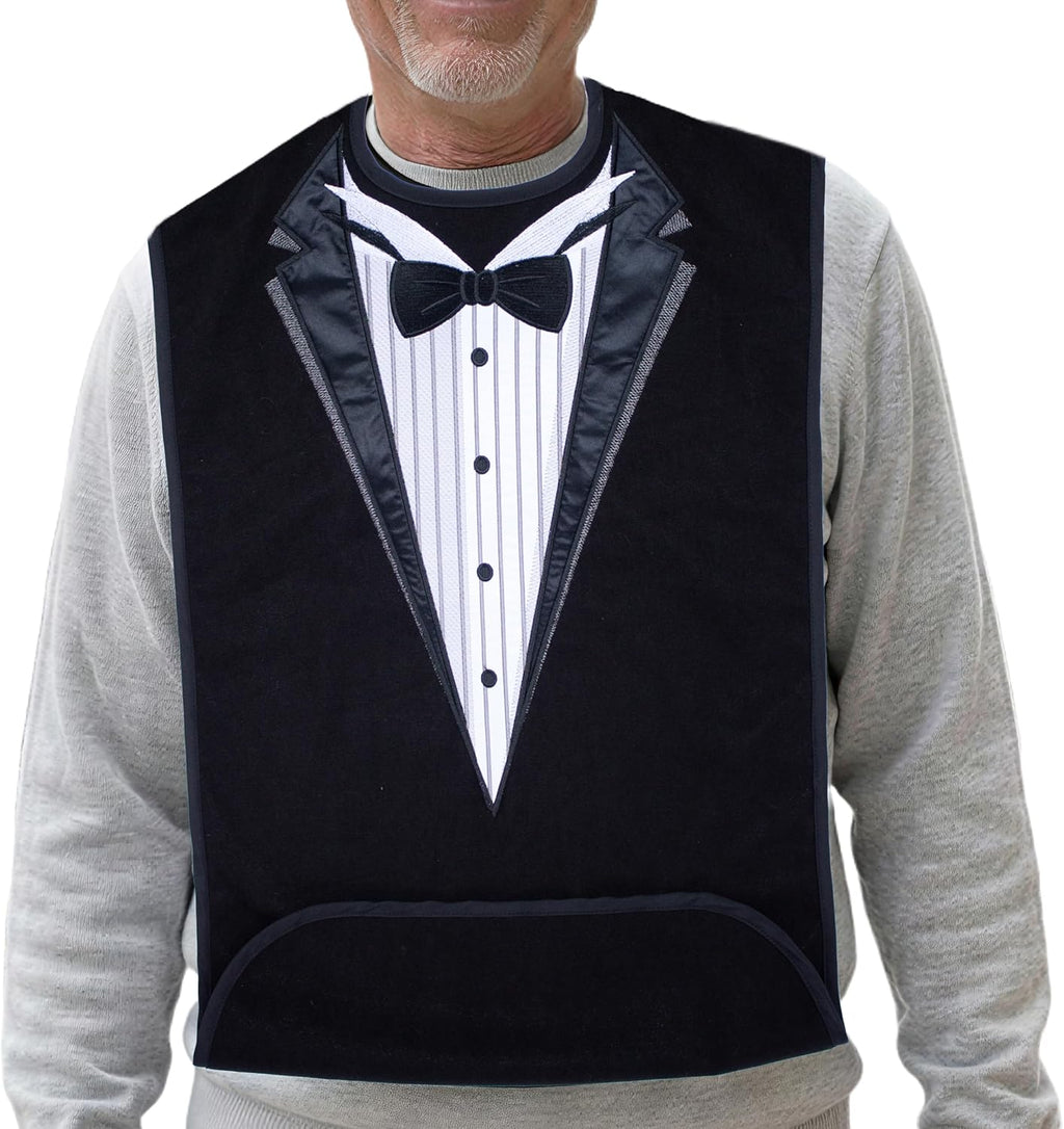 Adult Bibs for Men, Dress ‘n Dine™ Clothing Protectors for Eating, Senior Adult Bib Terry Cloth Crumb Catcher, Embroidered Design, Waterproof, Reusable, Washable (Tuxedo)