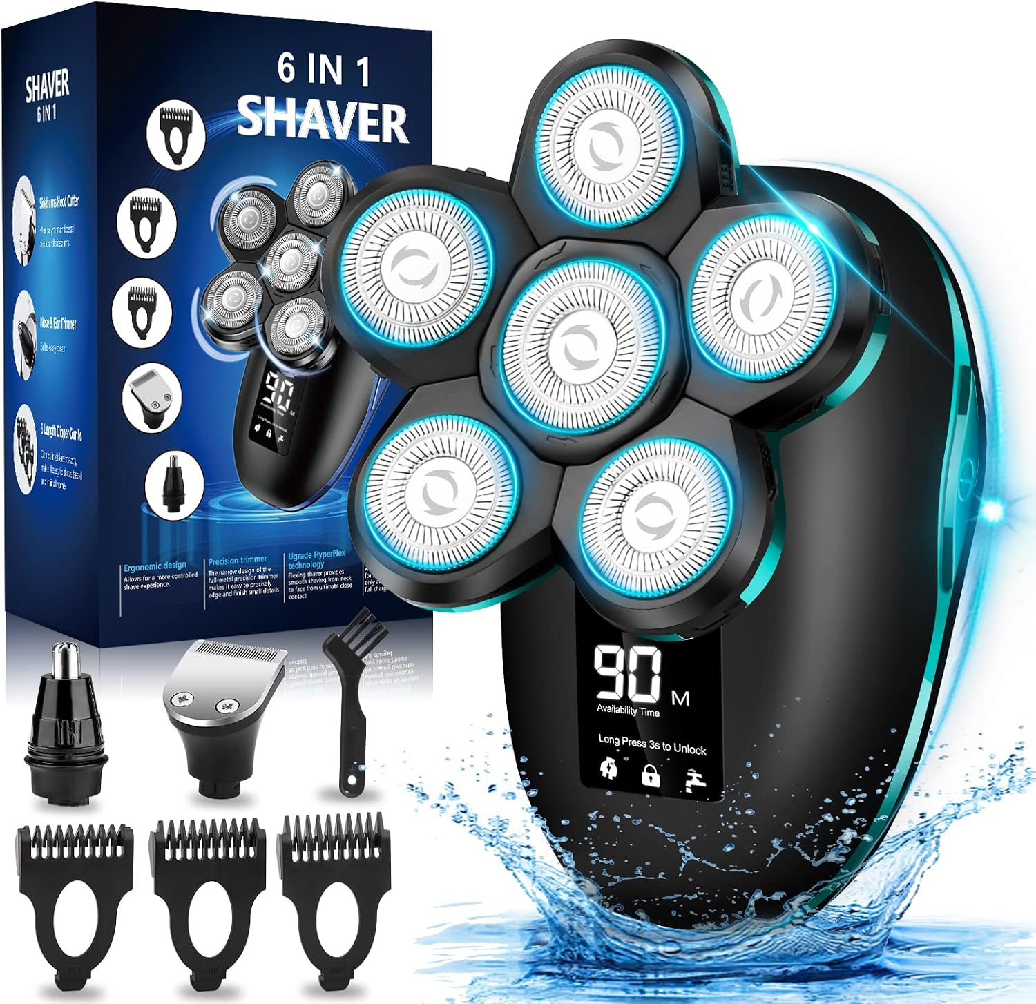 Electric Head Shaver for Bald Men, 6 in 1 Mens Electric Heads Razor Bald Head Shaver Cordless Razor Men, IPX7 Wet/Dry Waterproof Men's Rotary with Shavers Kit LED Display (Green)