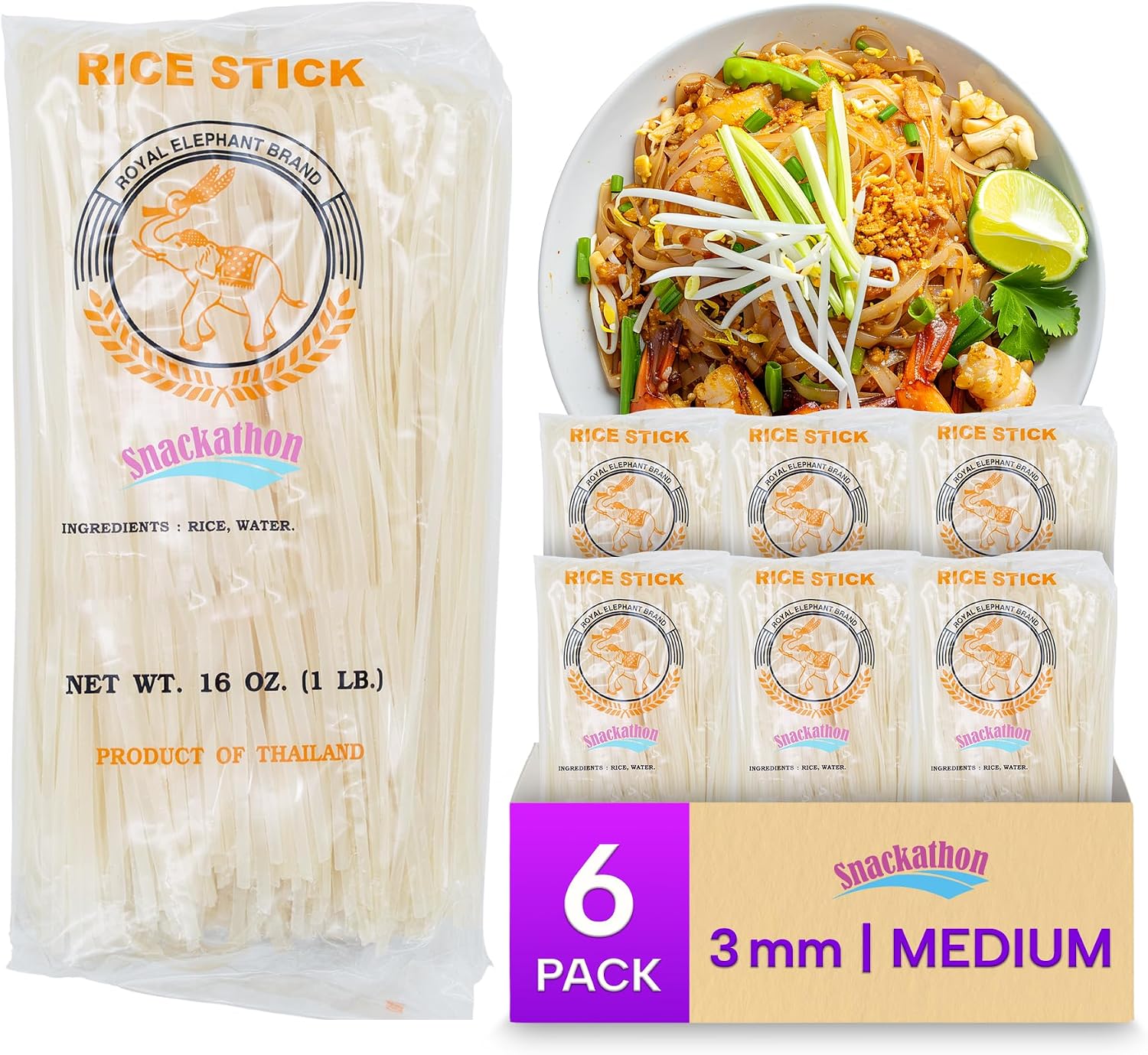 Rice Stick Noodles for Stir Fry, 3mm Width, 16 Ounce Each, Pack of 6