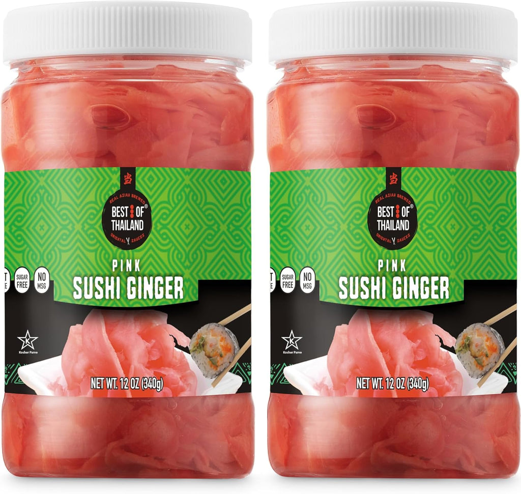 Best of Thailand Japanese Pink Pickled Sushi Ginger | No MSG | 2 Jars of 12oz Fresh Sliced Young Gari Pickled Ginger in Sweet Pickling Brine with Color | Fat-Free, Sugar-Free, Kosher
