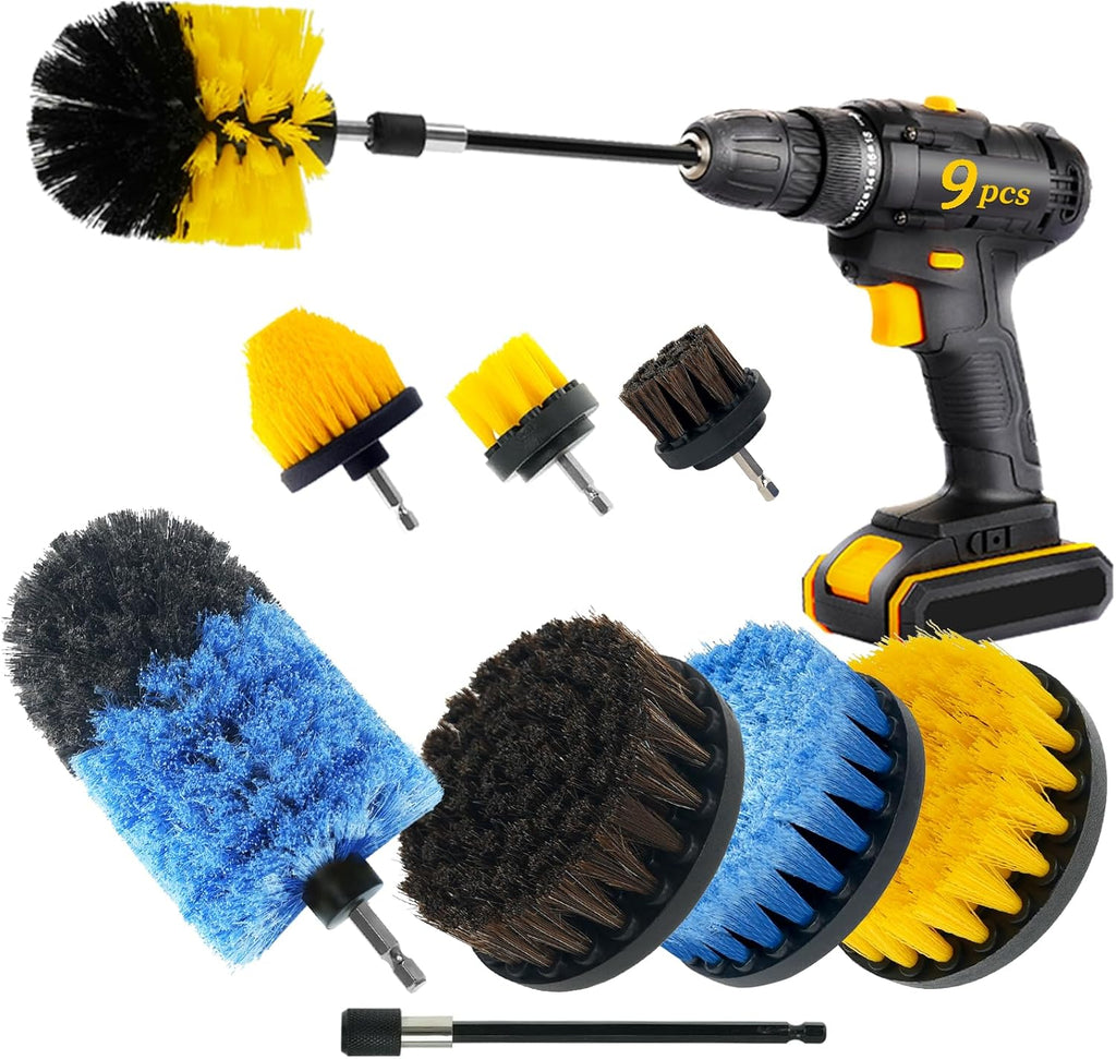 9 Pcs Drill Brush Attachments Set Hard and Soft Bristles Horsehair Brush Cleaning Kit for Home Bathroom Car Kitchen Corners Sink Stubborn Stains Tiles