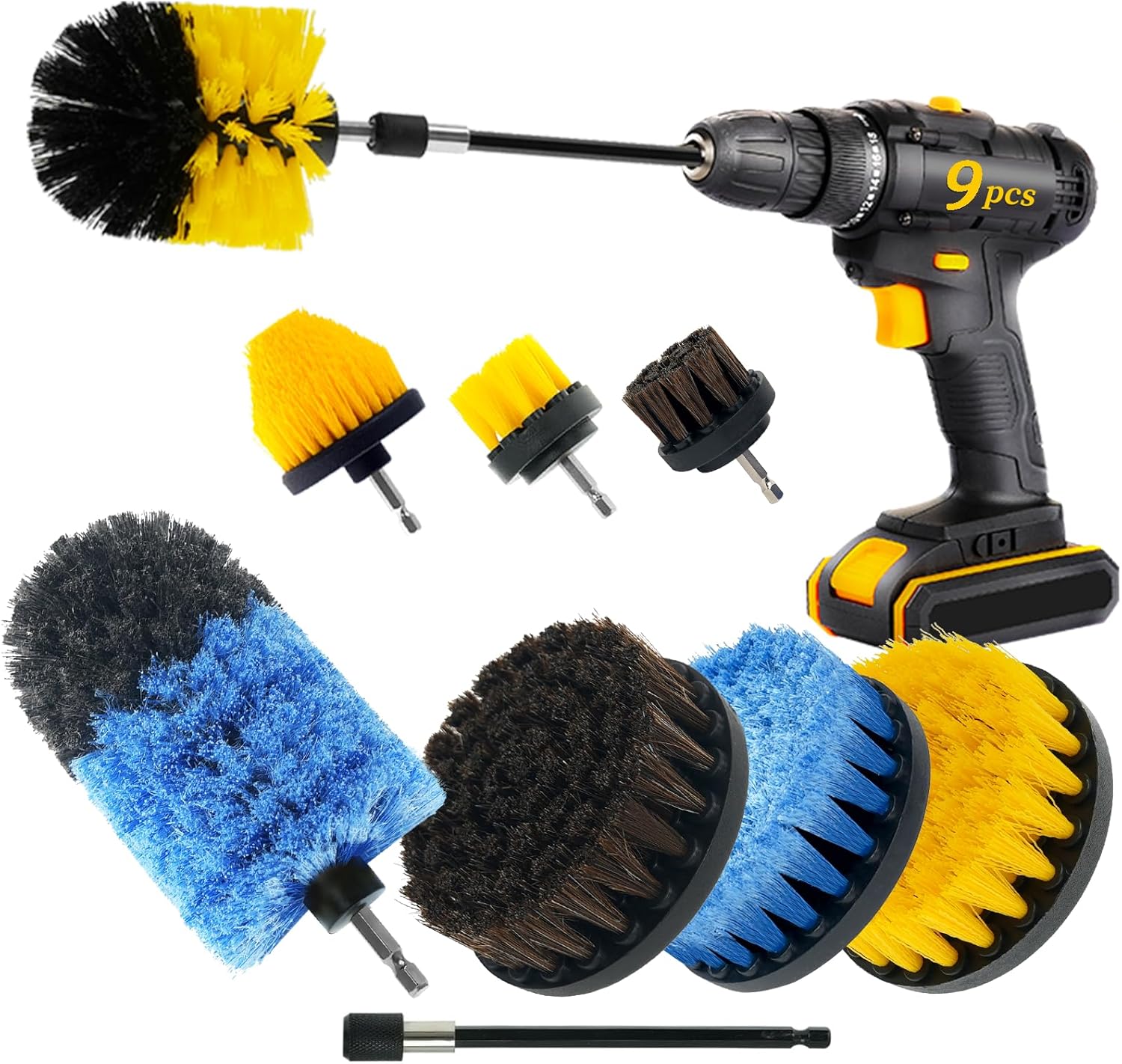 9 Pcs Drill Brush Attachments Set Hard and Soft Bristles Horsehair Brush Cleaning Kit for Home Bathroom Car Kitchen Corners Sink Stubborn Stains Tiles