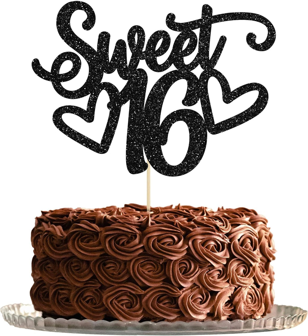 Gyufise 1Pc Sweet Teenager 16 Cake Topper Glitter 16th Birthday Cake Pick for Cheers to 16 Years Old 16th Birthday Party Cake Decorations Supplies Black