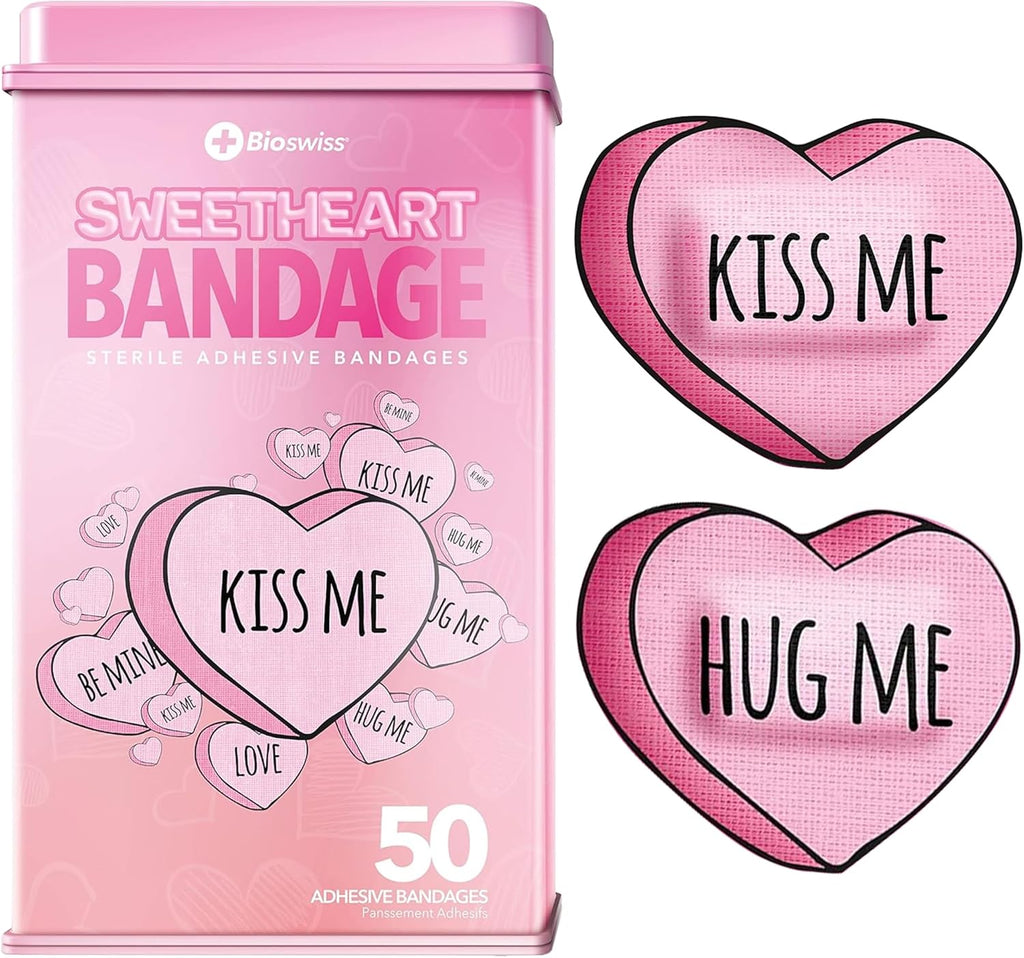 BioSwiss Bandages, Valentine Heart Shaped Self Adhesive Bandage Set, Latex Free, Sterile Wound Care, 50 Count