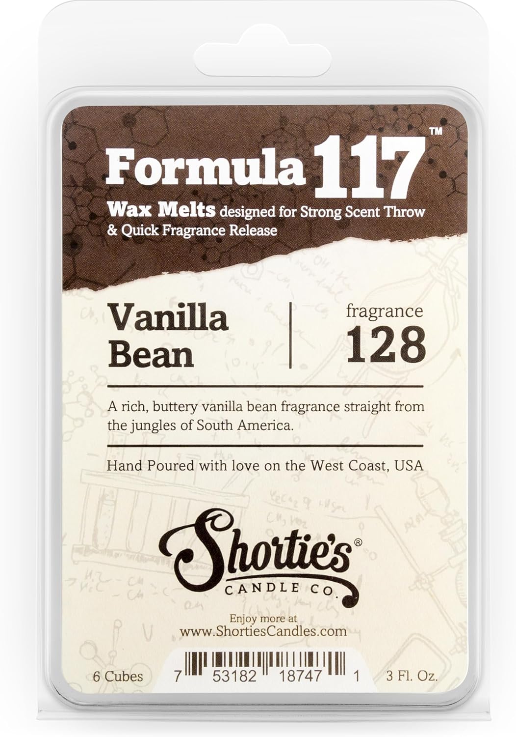 Shortie's Candle Company Vanilla Bean Wax Melts - Formula 117-1 Highly Scented 3 Oz. Bar - Made with Natural Oils - Bakery & Food Air Freshener Cubes Collection