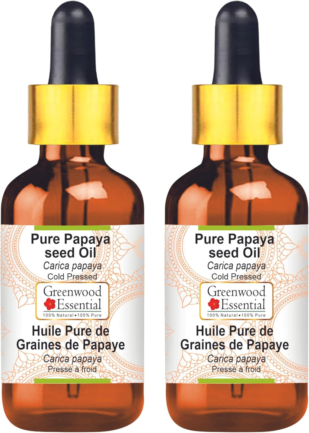Greenwood Essential Pure Papaya seed Oil (Carica papaya) with Glass Dropper Cold Pressed (Pack of Two) 100ml X 2 (6.76 oz)