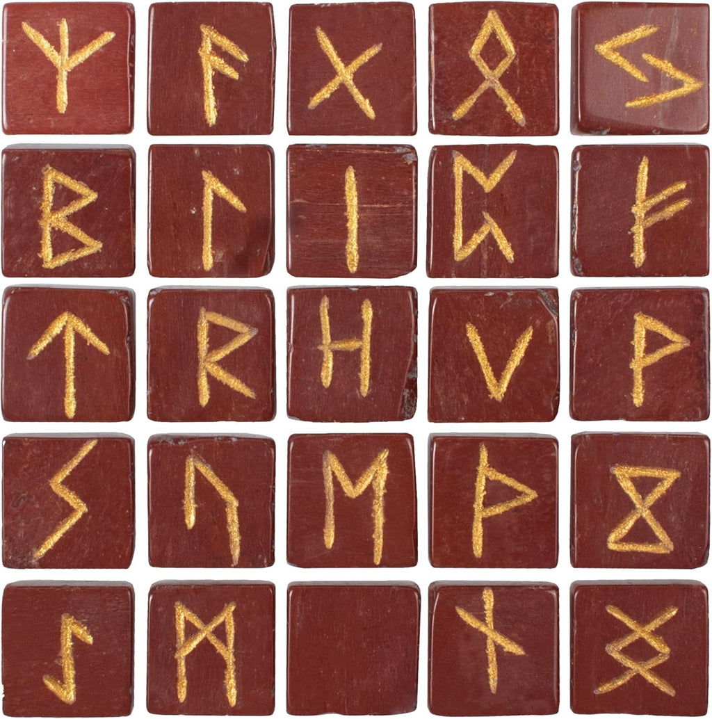 Red Jasper Runes Crystal Rune Stones Set 25Pcs Elder futhark Viking Gemstone Reiki Healing Golden Engraved Runic Alphabets Divination Meditation Spiritual Gifts for Women Witchcraft Supplies