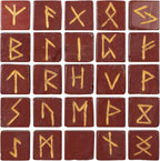 Red Jasper Runes Crystal Rune Stones Set 25Pcs Elder futhark Viking Gemstone Reiki Healing Golden Engraved Runic Alphabets Divination Meditation Spiritual Gifts for Women Witchcraft Supplies