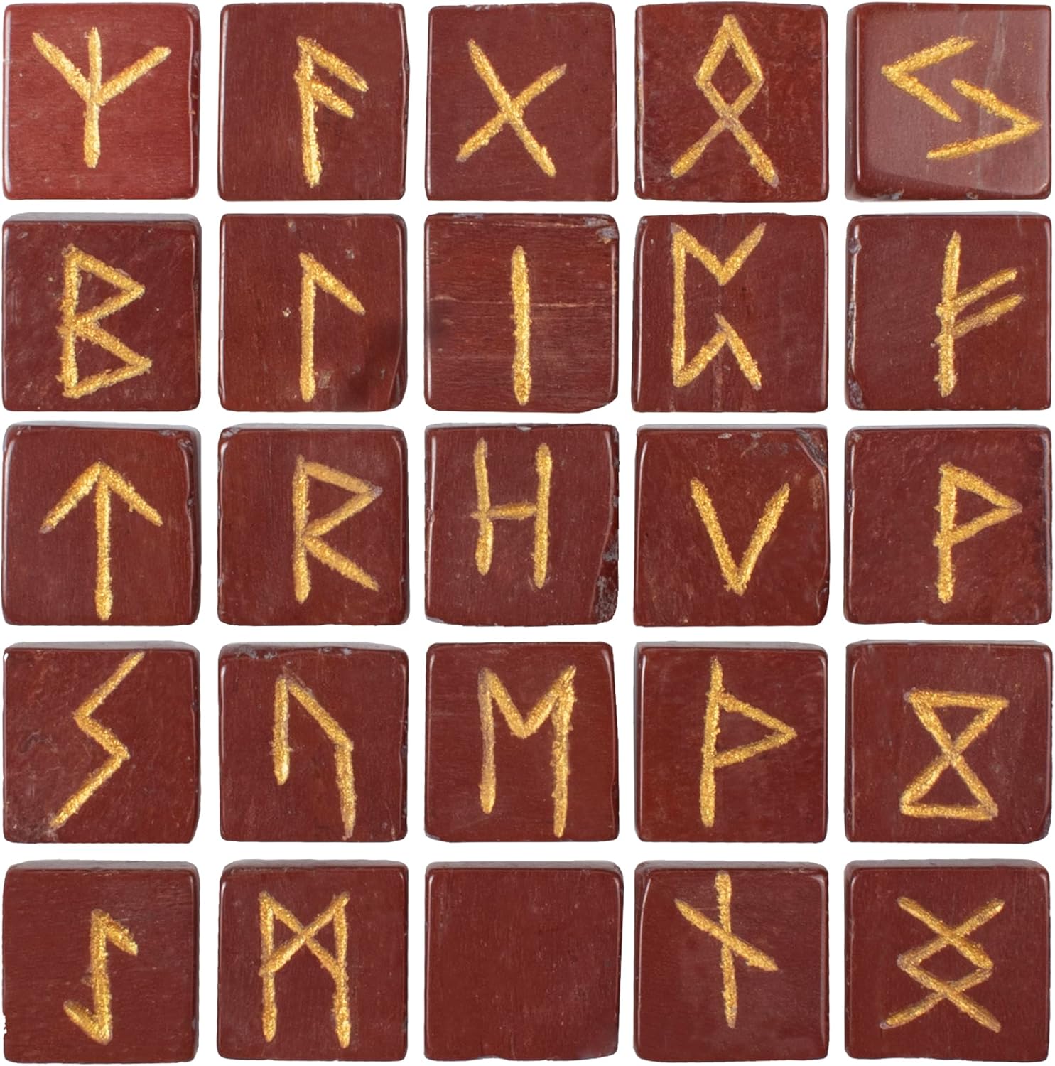 Red Jasper Runes Crystal Rune Stones Set 25Pcs Elder futhark Viking Gemstone Reiki Healing Golden Engraved Runic Alphabets Divination Meditation Spiritual Gifts for Women Witchcraft Supplies
