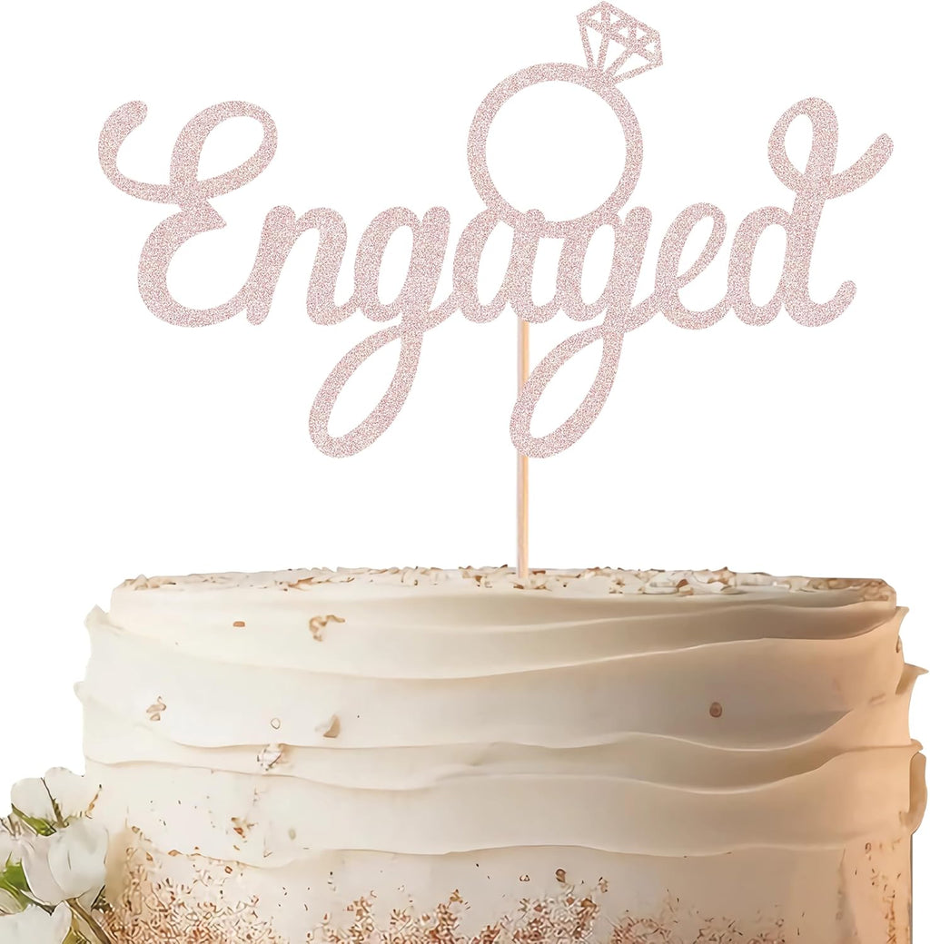 Engaged Cake Topper - Rose Gold Glitter Engagement Party Cake Decoration Supplies, Just Engaged Cake Topper for Bridal Shower Wedding Party Photo Booth Props