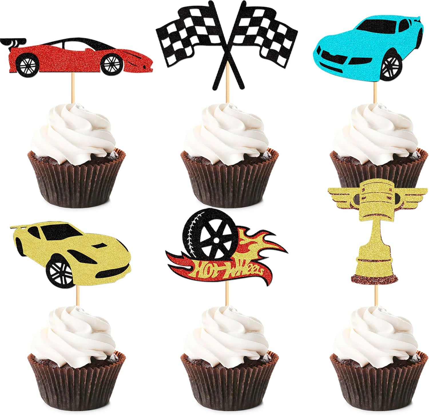 24PCS Race Car Cupcake Toppers Sparkling Trophy Flag Racing Cake Selected Racing Theme, Car Theme Party Supplies Baby Shower Boy Birthday Party Cake Decoration Supplies