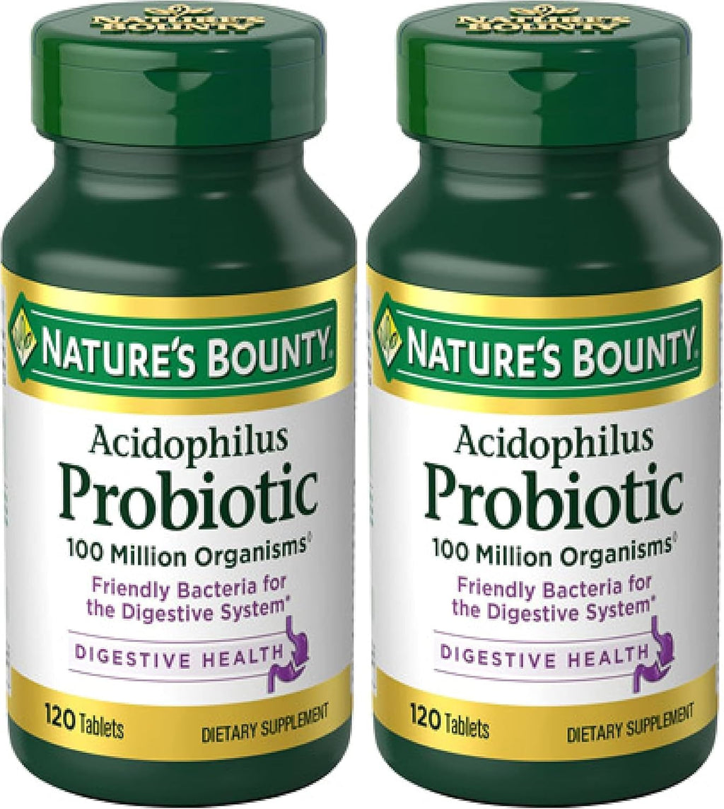 Nature's Bounty Lactobacillus Acidophilus Probiotic Supplement - Daily Probiotic for Women/Men Digestive Health,100 Million Organisms,Vegetarian,1 Serving per Day,120 Tablets,(Pack of 2)