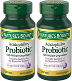 Nature's Bounty Lactobacillus Acidophilus Probiotic Supplement - Daily Probiotic for Women/Men Digestive Health,100 Million Organisms,Vegetarian,1 Serving per Day,120 Tablets,(Pack of 2)