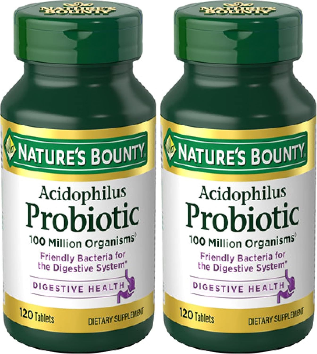Nature's Bounty Lactobacillus Acidophilus Probiotic Supplement - Daily Probiotic for Women/Men Digestive Health,100 Million Organisms,Vegetarian,1 Serving per Day,120 Tablets,(Pack of 2)