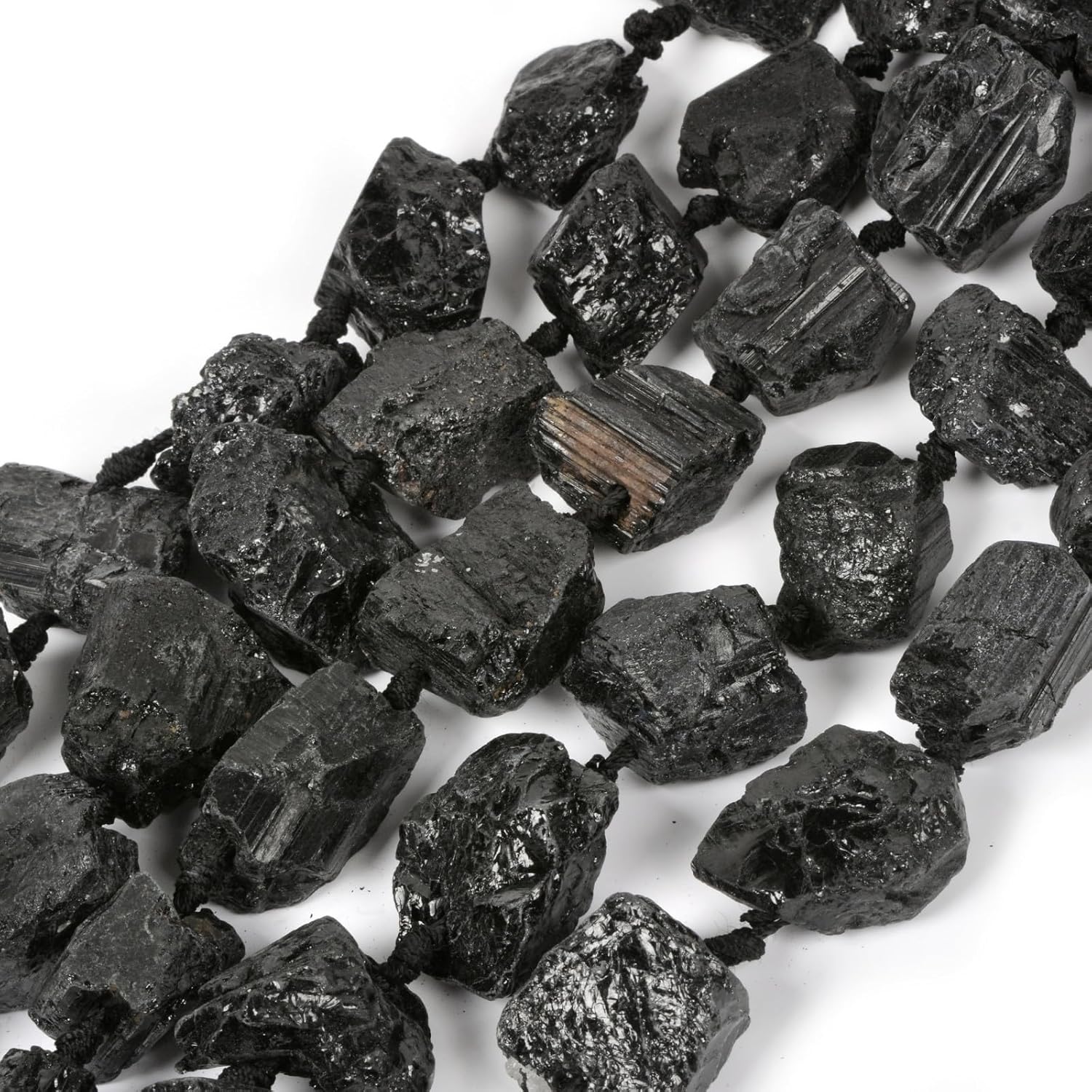 Black Tourmaline Gemstone Crystal Nugget Raw Graduated Beads Strand 2mm Hole Drilled