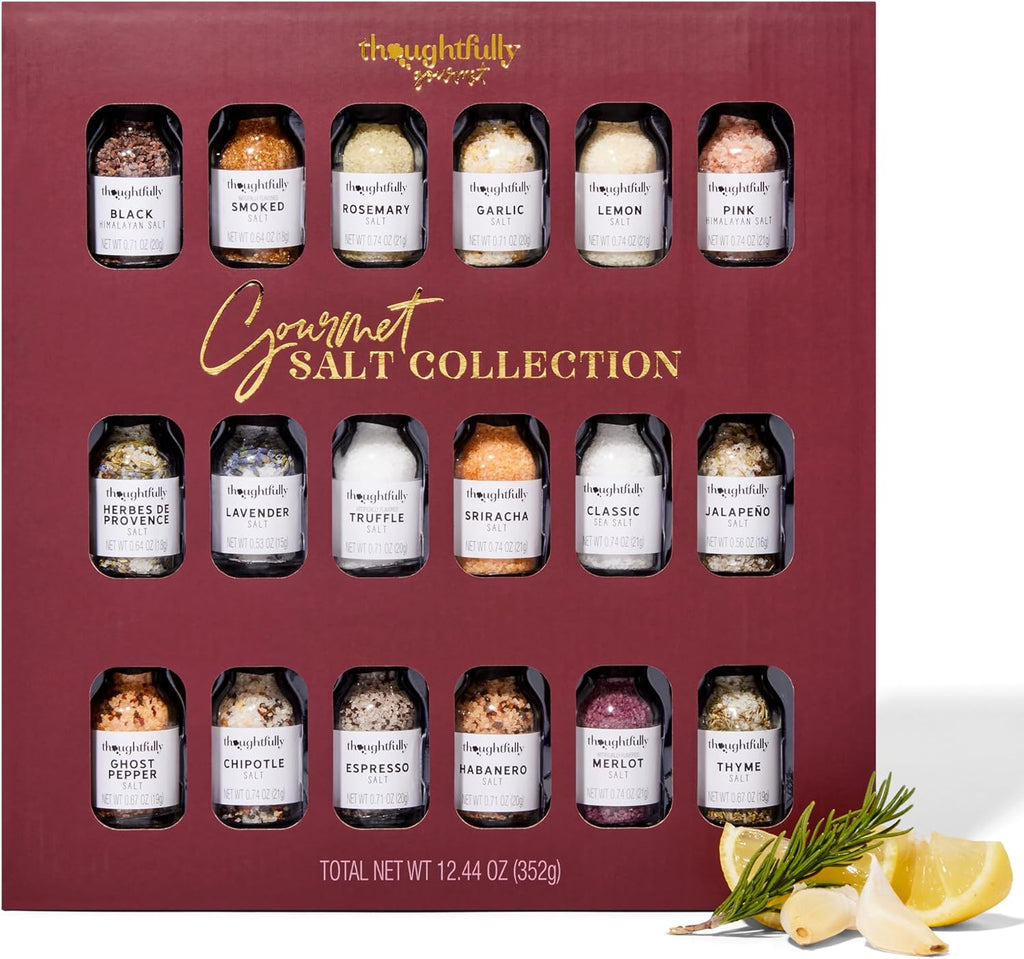 Thoughtfully Gourmet, Gourmet Salt Sampler Collection Gift Set, Vegan and Vegetarian, Uniquely Flavored Seasoning Salts Including Smoked, Truffle, Merlot, Lavender, Espresso and More, Set of 18