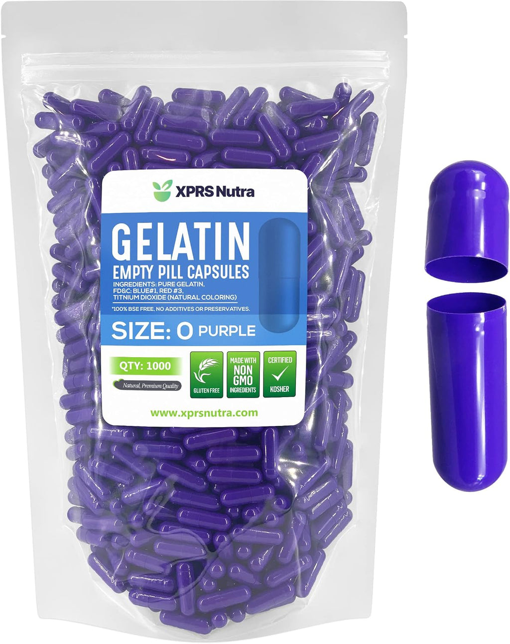 XPRS Nutra Size 0 Empty Capsules - 1000 Count Empty Gelatin Capsules - Pills DIY Capsule Filling - Pure Bovine Pill Gel Caps for Do-It-Yourself Supplements (Purple)