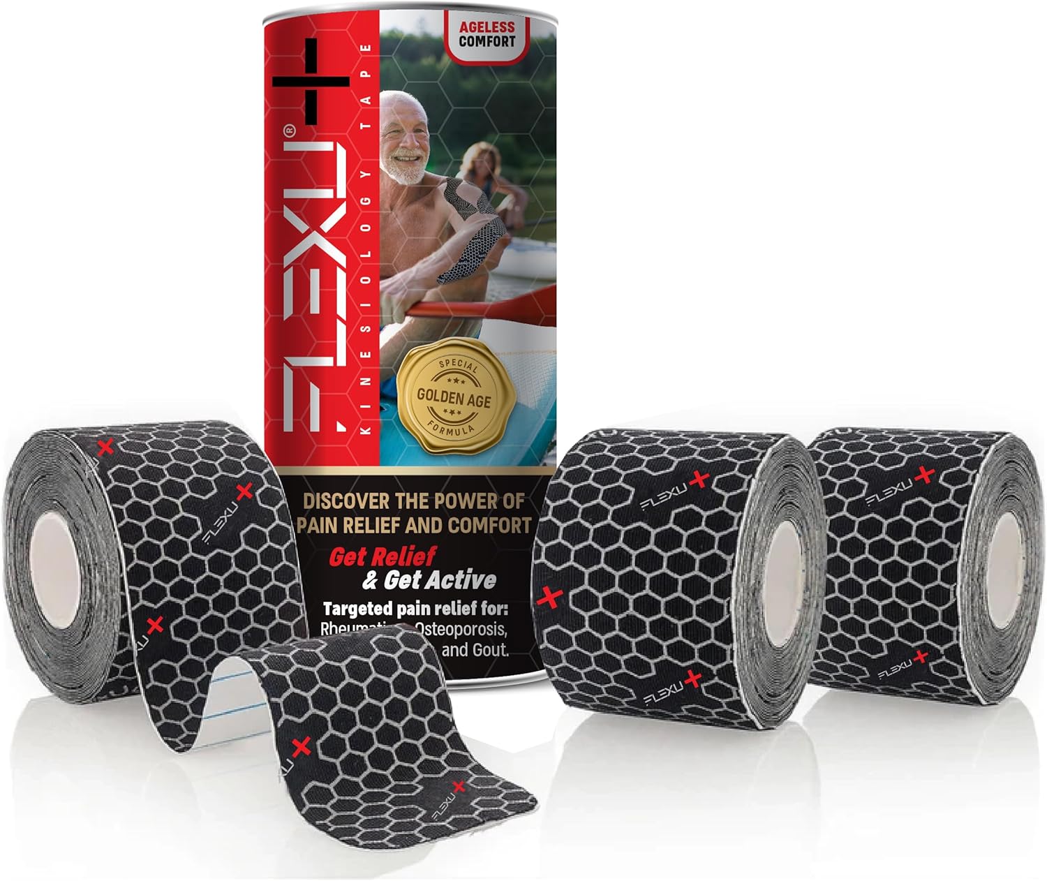 FlexU+ Kinesiology Tape for Seniors; Specially Formulated for Sensitive Skin to Ease Pain in Conditions Like Arthritis, Bursitis, Fibromyalgia, Back Pain, Joint Pain, & Muscle Pain;