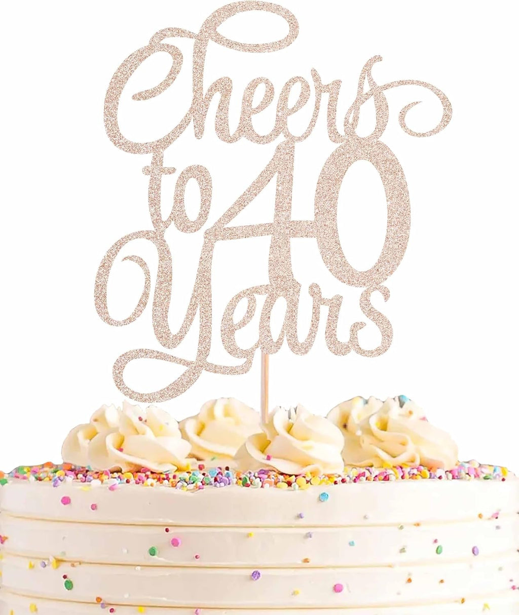 Cheers to 40 Years Cake Topper - Rose Gold Glitter 40th Birthday Cake Decorating Supplies, Perfect for 40th Anniversary or Forty Birthday Party, Photo Booth Props