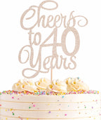 Cheers to 40 Years Cake Topper - Rose Gold Glitter 40th Birthday Cake Decorating Supplies, Perfect for 40th Anniversary or Forty Birthday Party, Photo Booth Props