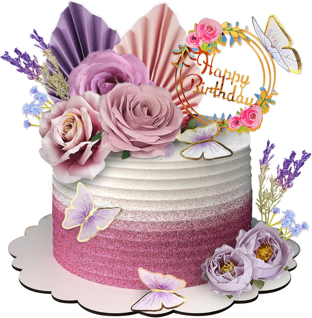 17 PCS Flower Cake Toppers Butterfly Cake Decorations Happy Birthday Cake Toppers with Artificial Purple and Pink Rose Eucalyptus for Birthday Wedding (Purple)
