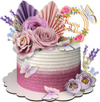 17 PCS Flower Cake Toppers Butterfly Cake Decorations Happy Birthday Cake Toppers with Artificial Purple and Pink Rose Eucalyptus for Birthday Wedding (Purple)