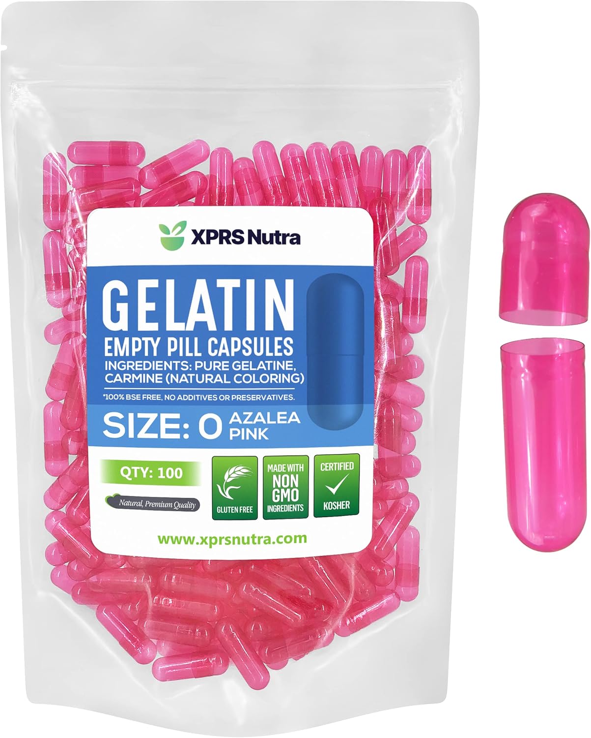 XPRS Nutra Size 0 Empty Capsules - 100 Count Empty Gelatin Capsules - Pills for DIY Capsule Filling - Pure Bovine Pill Gel Caps for Do-It-Yourself Supplements (Azalea Pink)