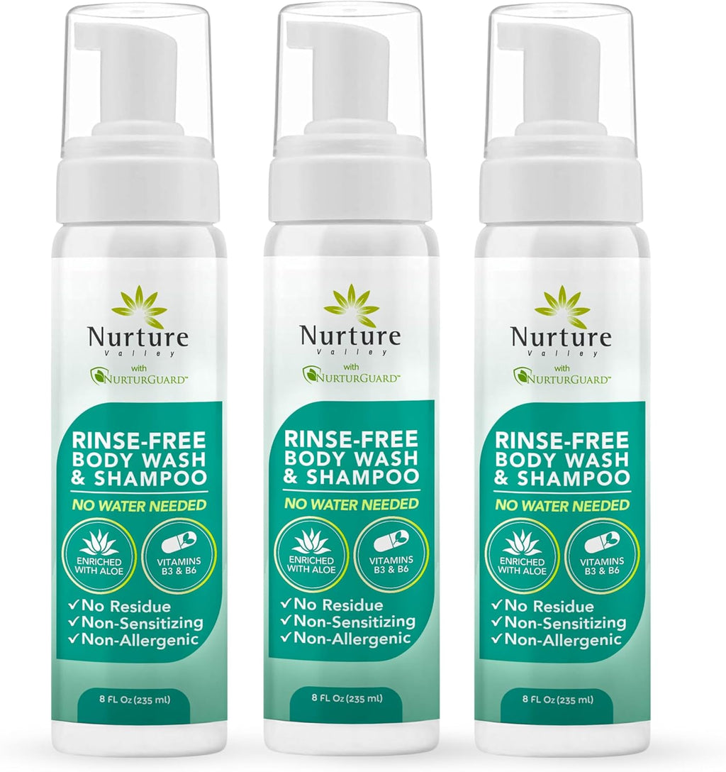 Nurture Rinse Free Body Wash & Shampoo w/Aloe | Hospital Grade Hair & Body Waterless Cleansing Foam | Women, Camping, Elderly & Hospital Patients | Shower Bath & Hand Soap for Sensitive Skin