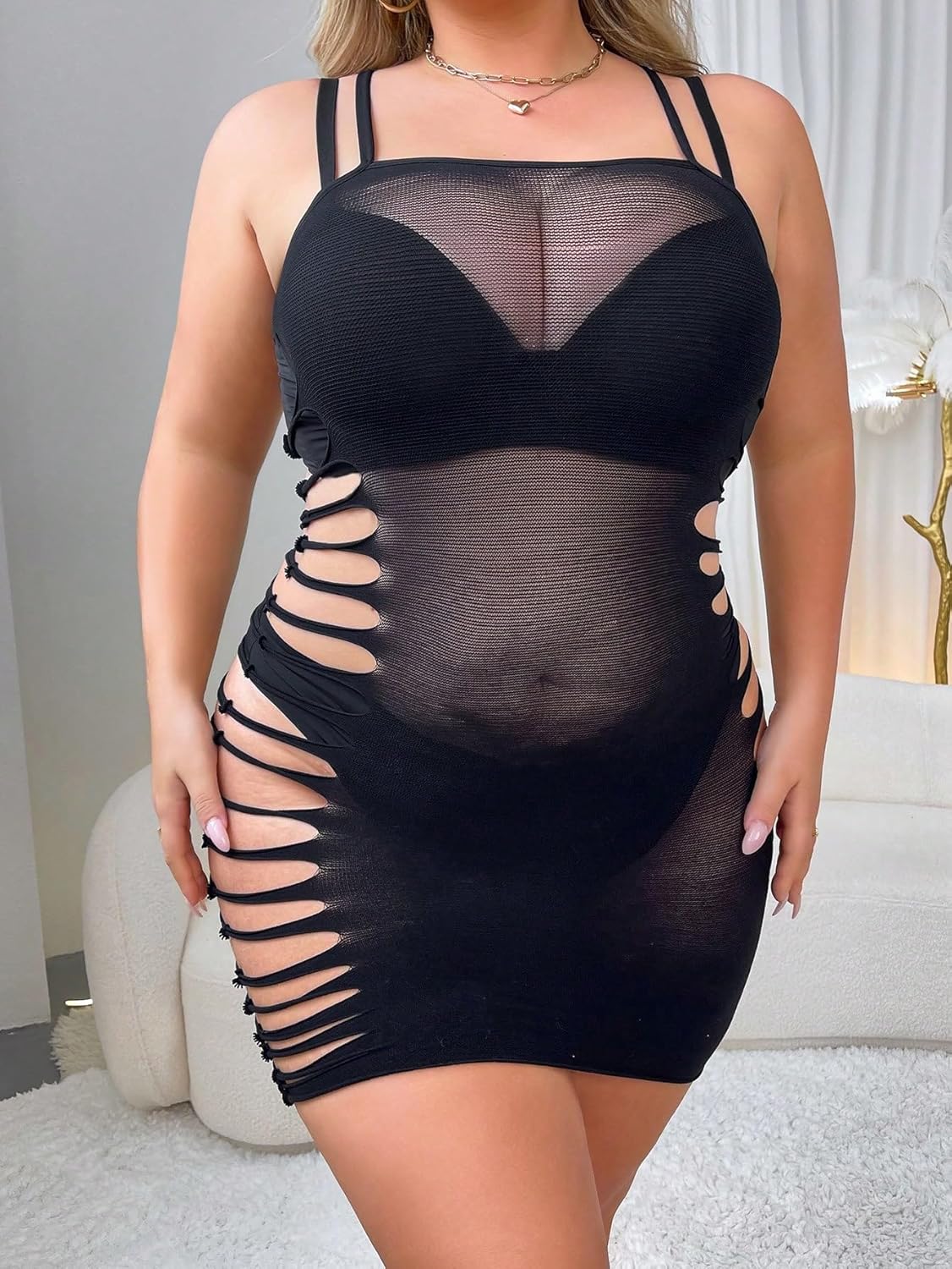 Sexy Lingerie for Women Naughty Plus Size Mesh Fishnet Strap Side Hollow Out Mini Dress Babydoll Chemise Swimsuit Cover Up