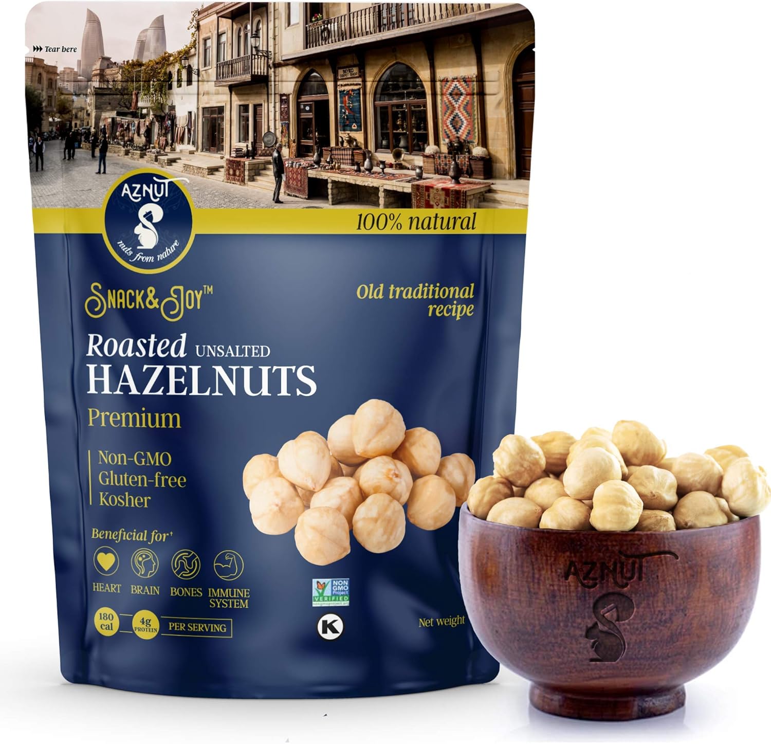 AZNUT Roasted Unsalted Hazelnuts 5 LB, Premium Quality 100% Natural Non-GMO Project Certified, Kosher Certified, No Salt, No Oil, Gluten Free, Keto Diet Snacks, Resealable Bag, 2 Set of 2.5 LB