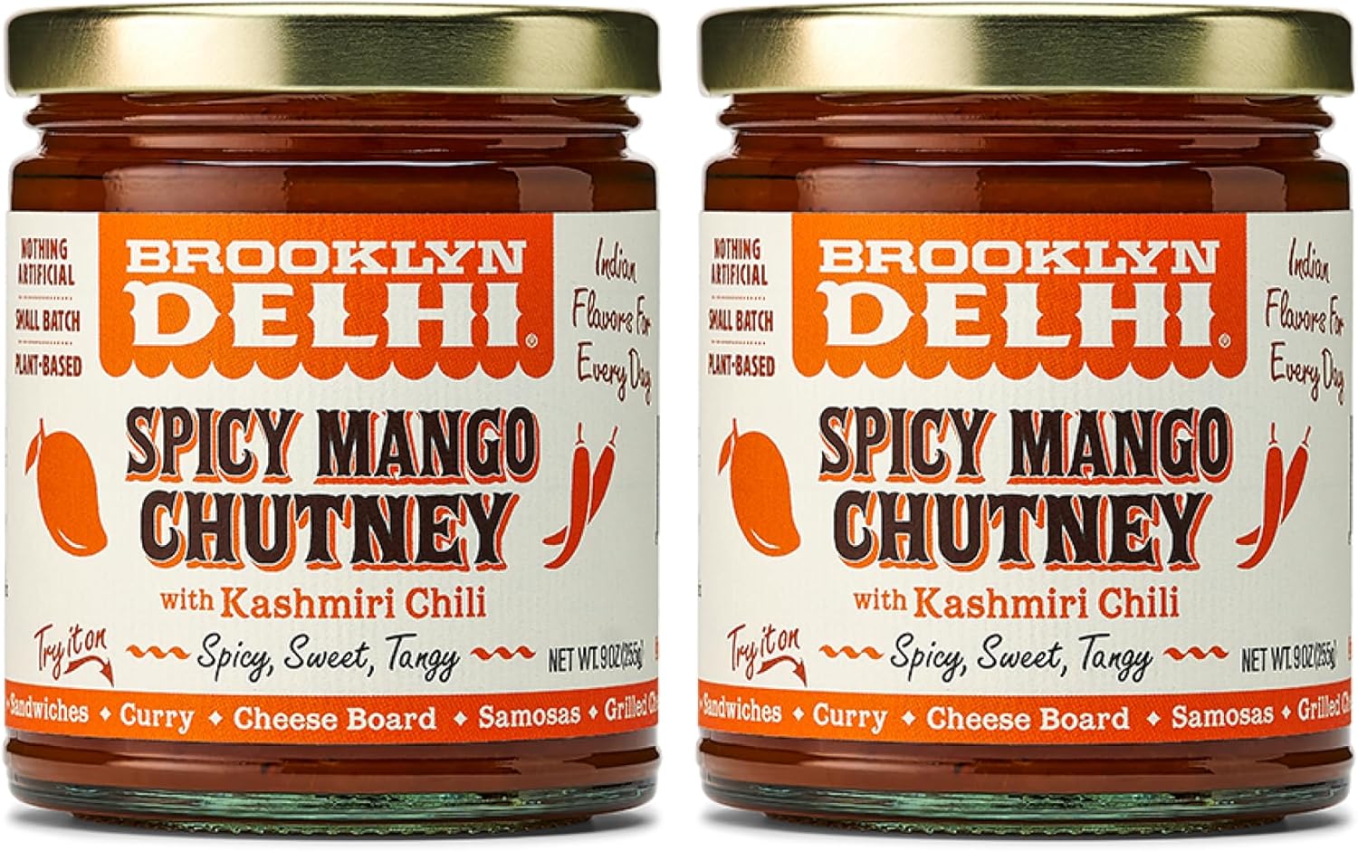Brooklyn Delhi Spicy Mango Chutney - 9 Ounces - Made with Ripe Mangos, Golden Raisins, Fresh Ginger, Garam Masala, and Lemon Juice for a Nice Sour Note - Vegan - No Artificial Additives 2pk