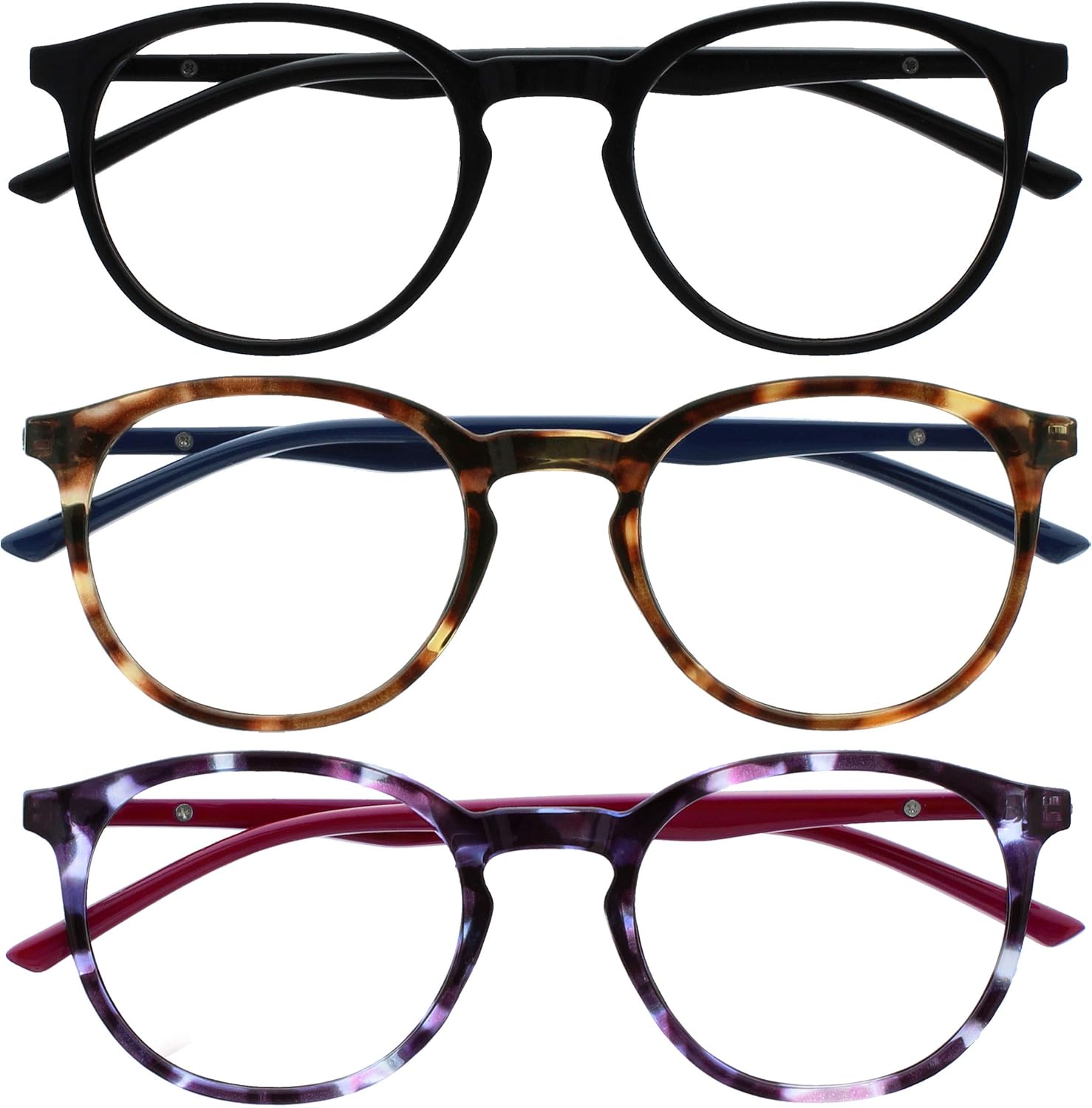 OPULIZE MET Blue Light Blocking Reading Glasses for Women Men, Slim Round Frame with Scratch Resistant and Spring Hinges, Computer Glasses with Anti-Reflective, Black,Brown,Purple +1.5 (Pack of 3)