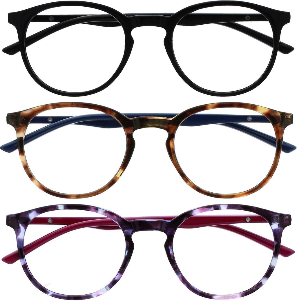 OPULIZE MET Blue Light Blocking Reading Glasses for Women Men, Slim Round Frame with Scratch Resistant and Spring Hinges, Computer Glasses with Anti-Reflective, Black,Brown,Purple +2 (Pack of 3)