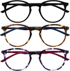 OPULIZE MET Blue Light Blocking Reading Glasses for Women Men, Slim Round Frame with Scratch Resistant and Spring Hinges, Computer Glasses with Anti-Reflective, Black,Brown,Purple +2 (Pack of 3)