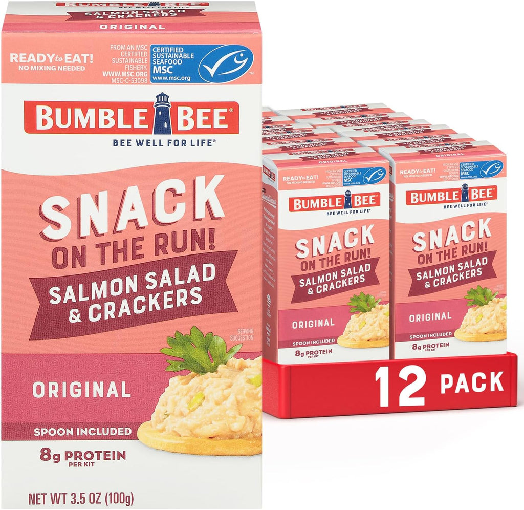 Bumble Bee Snack On The Run! Protein Pack, 8g per Box - Salmon Salad with Crackers Kit - Ready to Eat Easy-Open Can - Wild Caught MSC-Certified Seafood (Pack of 12)