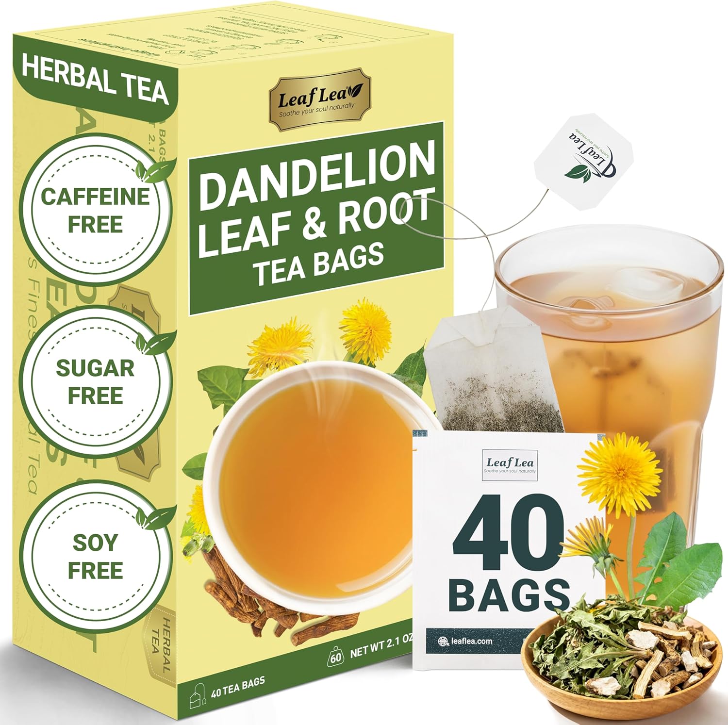 LeafLea Dandelion Root and Leaf Tea Bags, 40 Count, Roasted Dandelion Root Tea Blend, Natural Herbal Tea for Digestion & Wellness, Te de Diente de Leon, Individually Wrapped, Caffeine-Free, No Sugar
