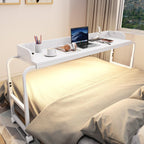 Overbed Table with Wheels, Mobile Bed Table with Adjustable Height Length, Desk for Bed Queen Size with Charging Station and LED Light, Rolling Table for Eating, Laptops, Hospitals