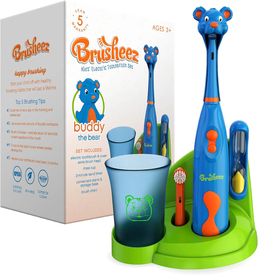 Brusheez Kids’ Electric Toothbrush Set - Safe & Effective for Ages 3+ - Parent Tested & Approved with Gentle Bristles, 2 Brush Heads, Rinse Cup, 2-Minute Timer, & Storage Base (Buddy the Bear)