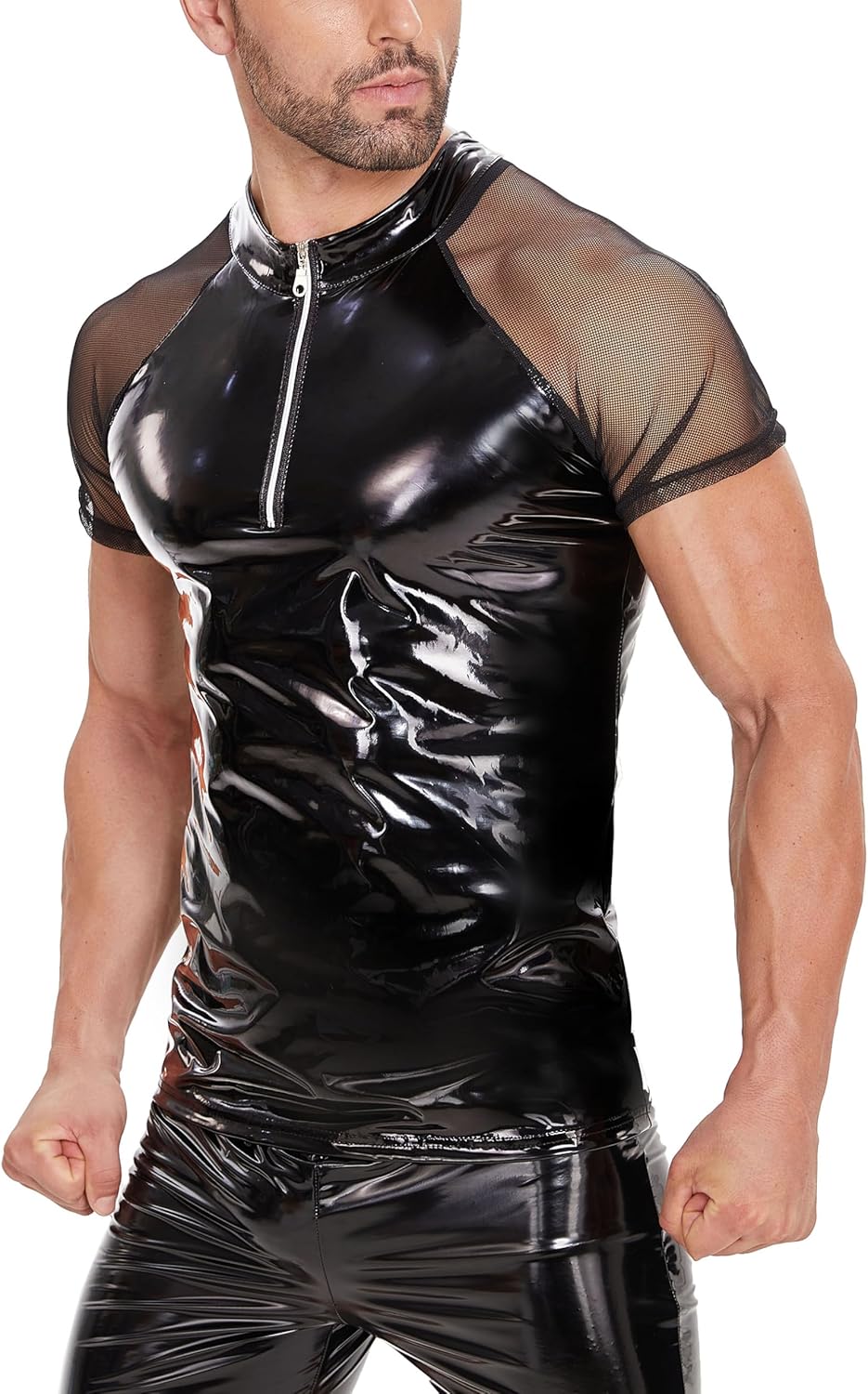 Men Sexy Leather T-Shirt, Plus Size, Glossy, Transparent Mesh, Short Sleeve, Shiny Latex Coat for Male
