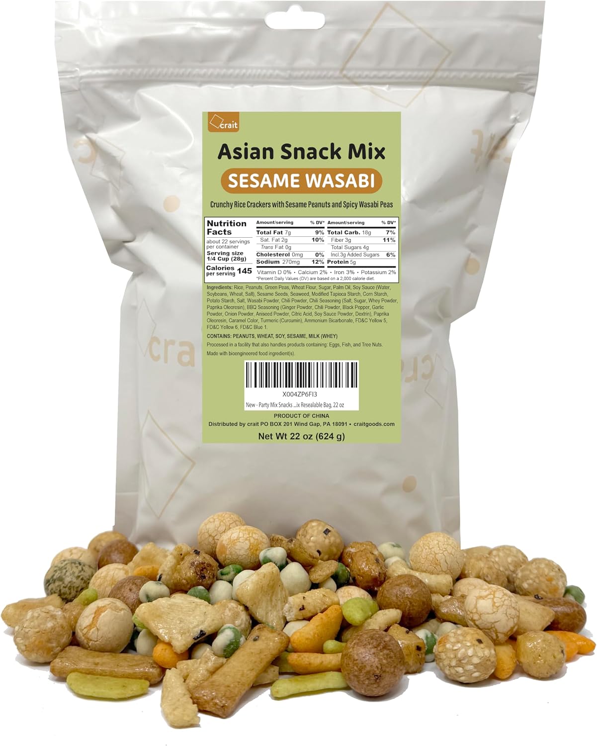 Rice Crackers Mix with Wasabi Peas, Crunchy Coated Peanuts, Cracker Nuts, Japanese Peanuts, Resealable Bag, 22 oz