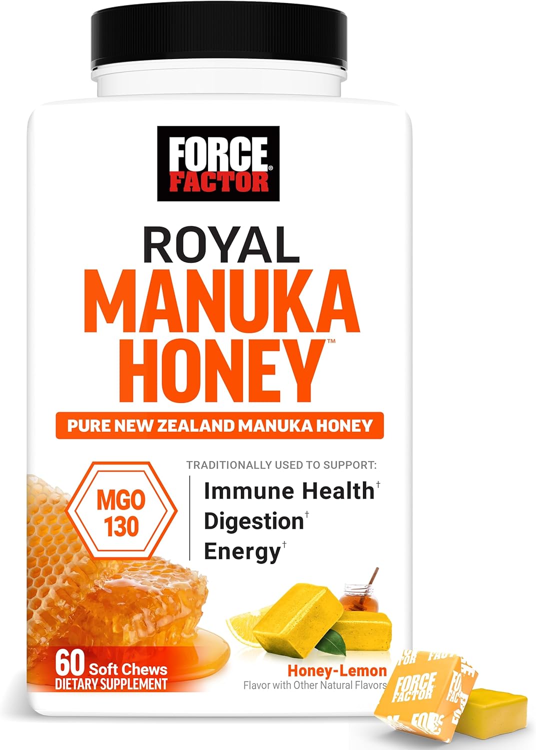 Force Factor Royal Manuka Honey, Pure New Zealand Manuka, Support Immune Health, Digestion & Energy, MGO 130, Sustainably Sourced, Honey-Lemon, 60 Soft Chews