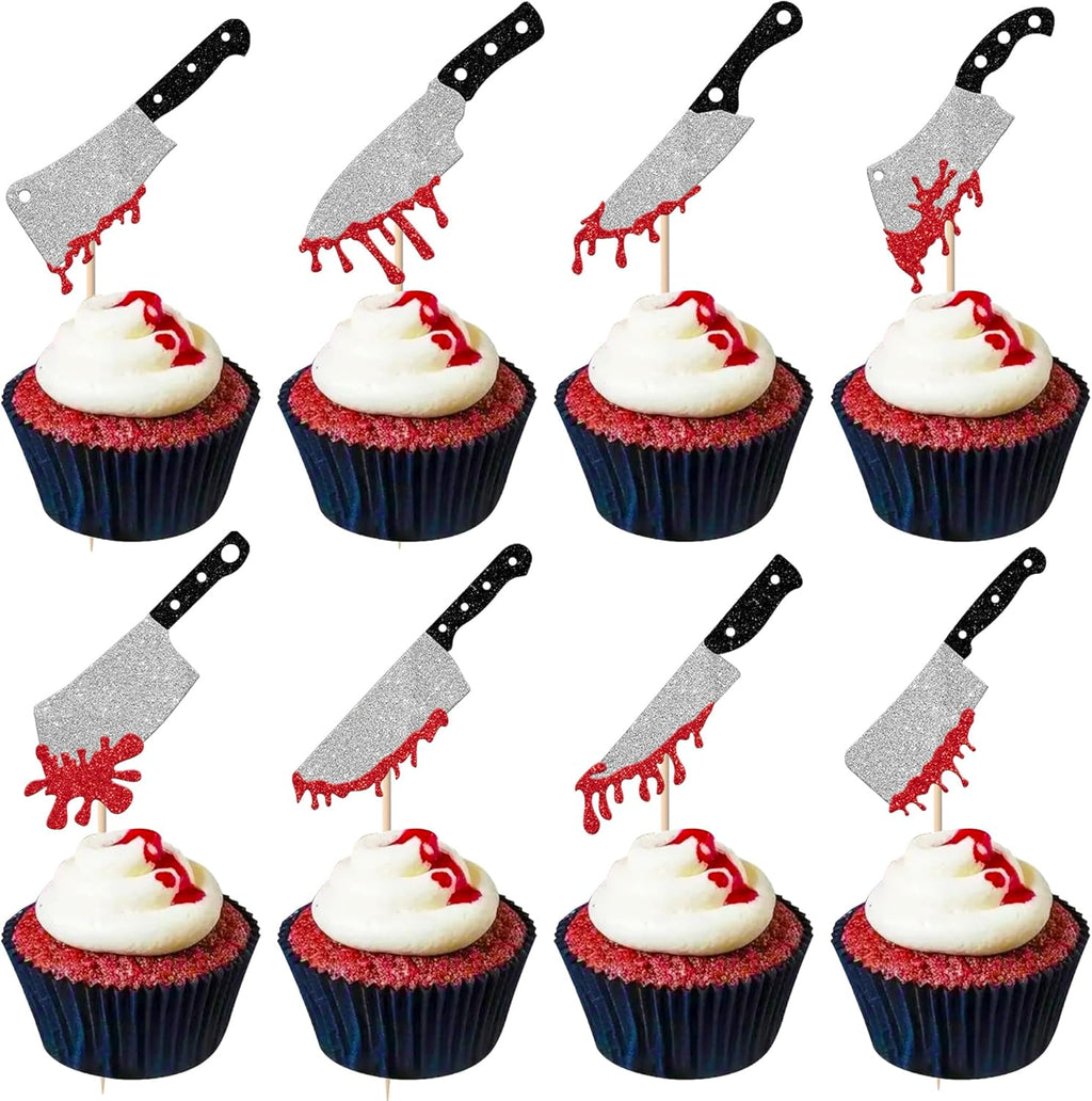 Rsstarxi 24 Pack Halloween Cupcake Toppers Glitter Blood Knife Cupcake Picks Horror Killer Birthday Cake Decorations for Scary Horror Crime Scene theme Birthday Halloween Party Supplies