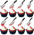Rsstarxi 24 Pack Halloween Cupcake Toppers Glitter Blood Knife Cupcake Picks Horror Killer Birthday Cake Decorations for Scary Horror Crime Scene theme Birthday Halloween Party Supplies