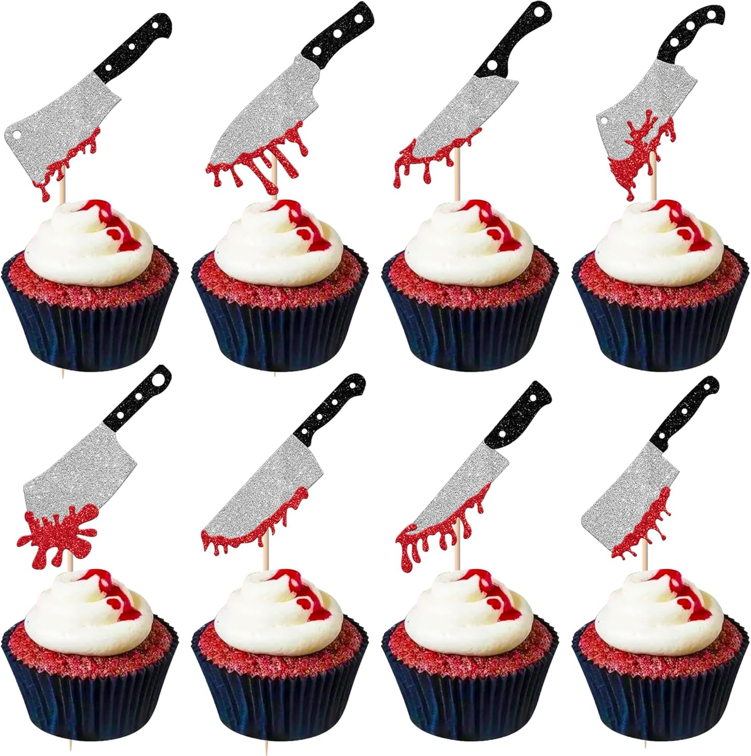Rsstarxi 24 Pack Halloween Cupcake Toppers Glitter Blood Knife Cupcake Picks Horror Killer Birthday Cake Decorations for Scary Horror Crime Scene theme Birthday Halloween Party Supplies