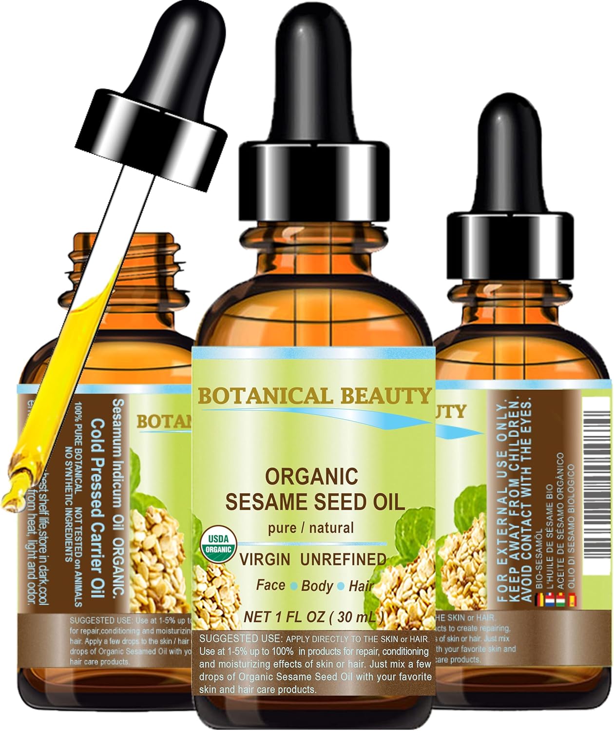 Botanical Beauty Organic SESAME SEED OIL 100% Pure Natural Virgin Unrefined Undiluted Cold Pressed Carrier Oil for Face, Skin, Body, Hair, Massage, Nails (1 Fl Oz 30 ml)