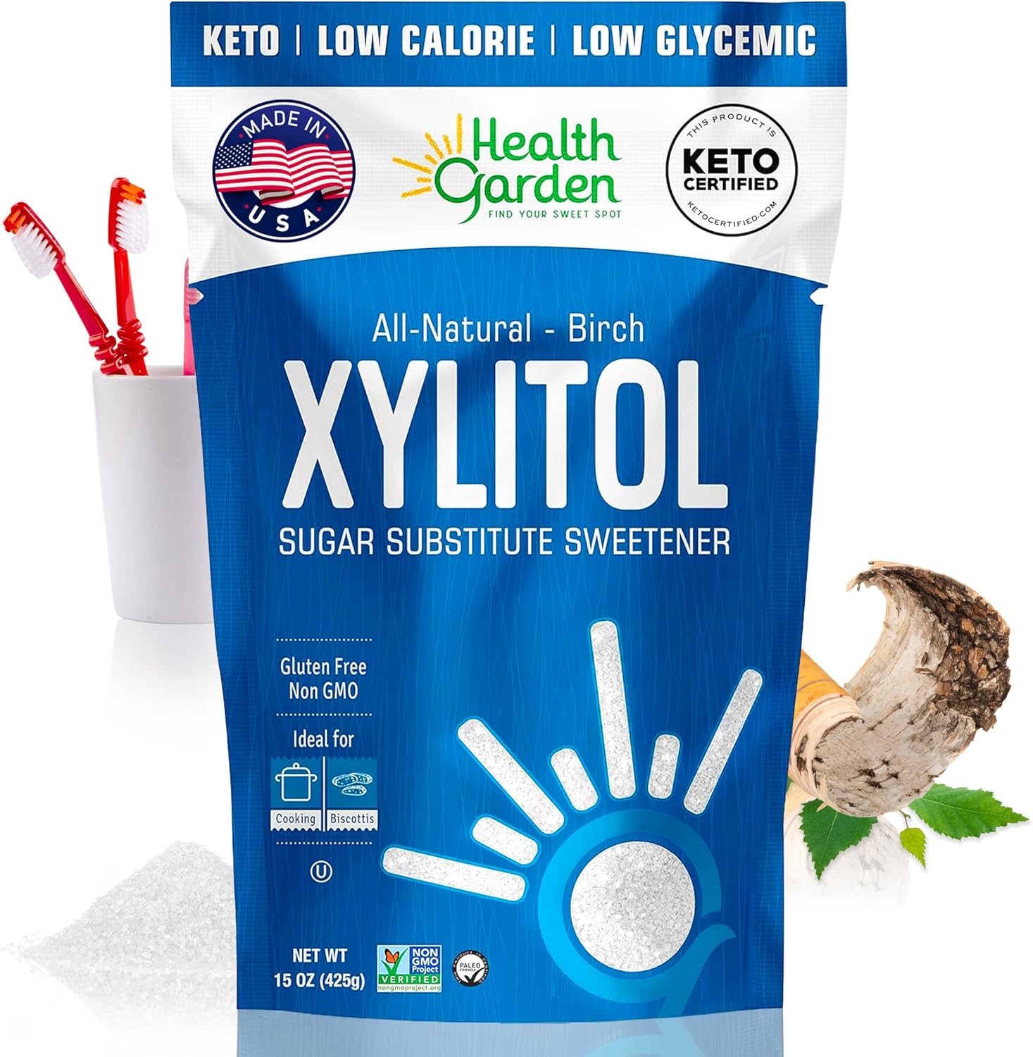 Health Garden Birch Xylitol Sweetener, 15 oz Bag – 100% Birch-Derived Xylitol Sugar Substitute for Baking & Coffee, 1:1 Sugar Replacement, Supports Teeth, Keto, Vegan, Non-GMO