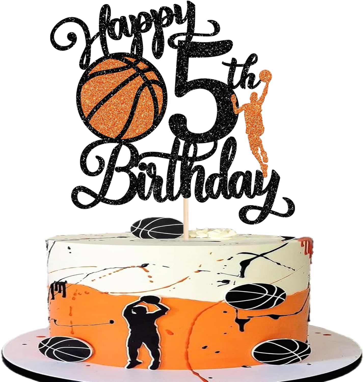 Rsstarxi 1 Pack Happy 5th Birthday Cake Topper Black Glitter Basketball Sports Cake Pick Cheers to 5 Years Cake Decorations for Basketball Theme Birthday Party Supplies