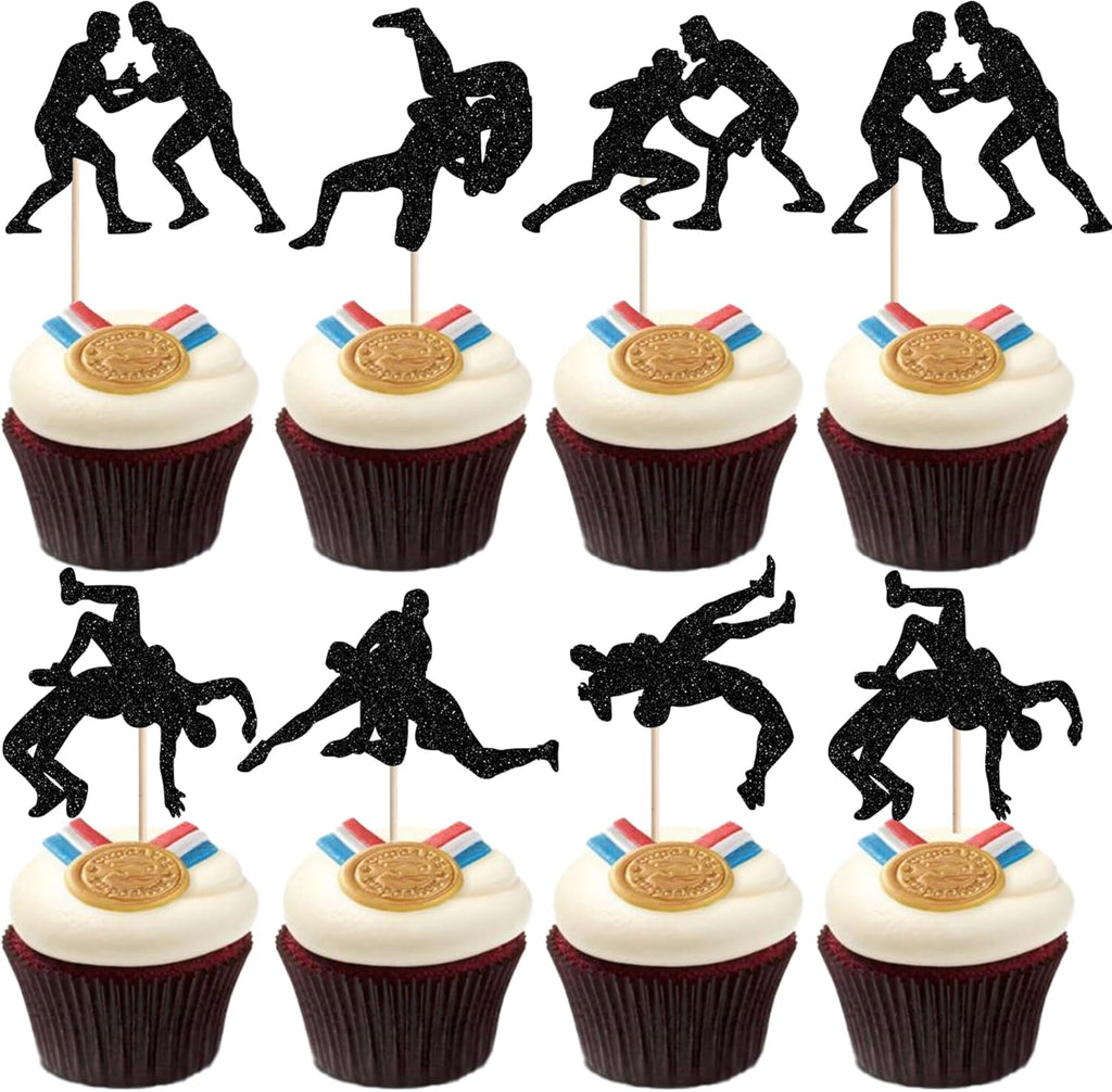 24 PCS Wrestling Cupcake Toppers Glitter Wrestler Cupcake Picks Wrestling Birthday Party Decorations for Sport Theme Boys Men Birthday Party Cake Decorations Supplies Black